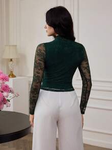 Graceveil Blusa elegante con cuello alto, volantes en la cintura y encaje de color verde oliva para citas - Verde Oscuro - Ver 2