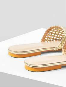 Women's Fashion New Woven Slip-On Flat-Bottomed Square Toe Sandals Summer Shoes - Gold - View 5