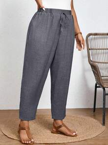 SHEIN Frenchy Quần dài trơn màu, cỡ lớn, kiểu dáng thường ngày, cạp chun co giãn và có túi chéo. - Màu xám đen - Xem 5