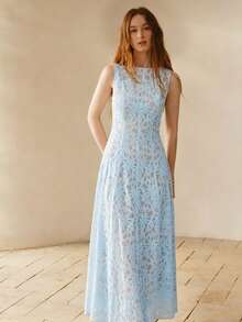 MOTF PREMIUM WOMEN'S LACE PANEL DESIGN ROUND NECK SLEEVELESS WAIST GATHERED ELEGANT ROMANTIC EVERYDAY DRESS - Baby Blue - View 6