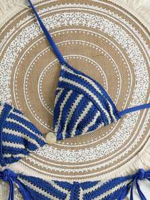 Swim Vcay 2026春夏蓝色杏色条纹露背高腰裤，侧边抽绳，串珠比基尼套装，含罩衫和迷你裙 - 彩色 - 查看 5