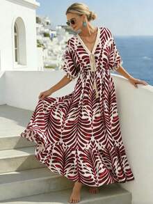 Breezaya Vestido largo con cuello en V, cintura ceñida, estampado francés y flecos, estilo de vacaciones - Rojo y blanco - Ver 1