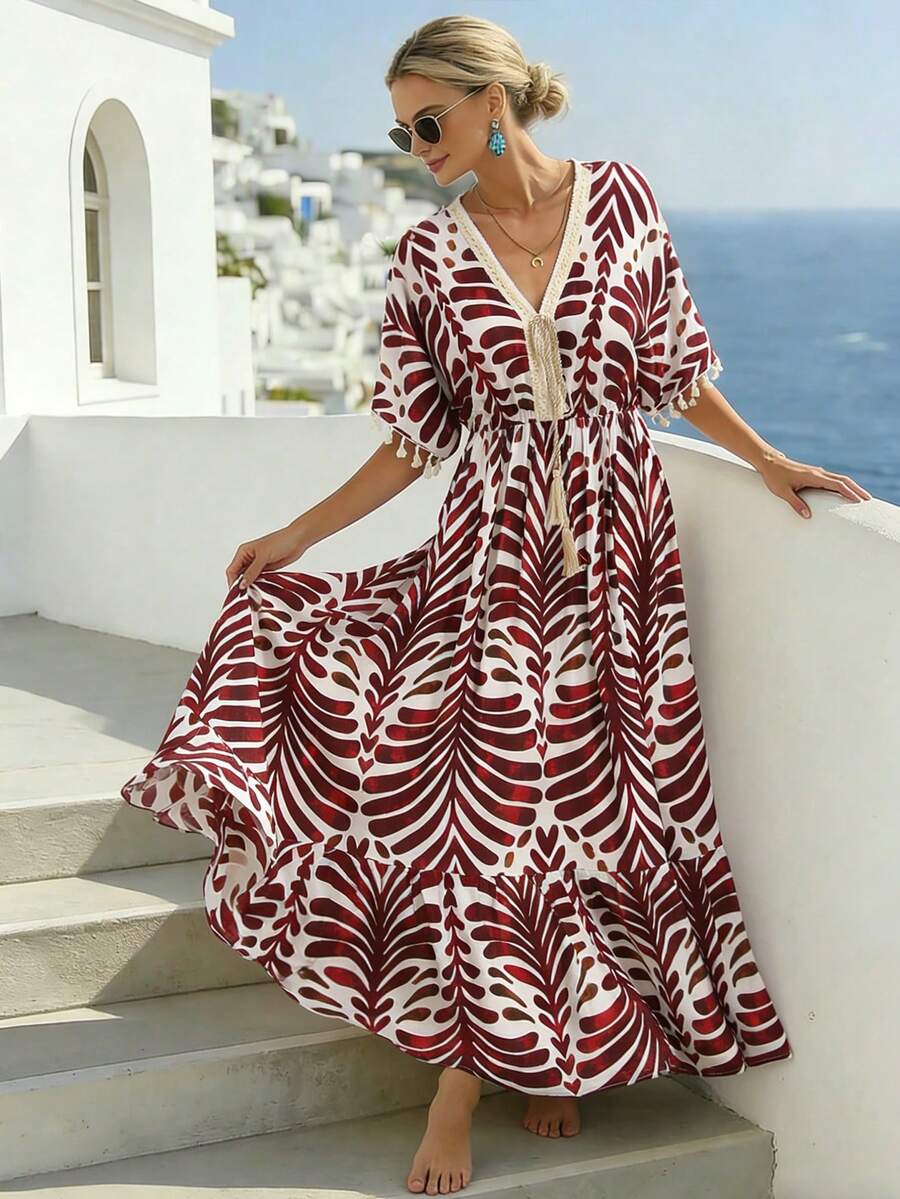 Breezaya Vestido largo con cuello en V, cintura ceñida, estampado francés y flecos, estilo de vacaciones - Rojo y blanco - Ver 1