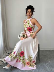 SHEIN Clasi Women's Floral Print Halter Neck Dress, Elegant Sexy Holiday Wear For Spring/Summer Golf White - Apricot - View 7