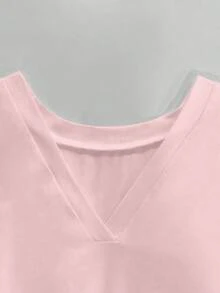 INAWLY Áo thun nữ tay ngắn cổ chữ V tối giản, dáng rộng, thắt eo. - Hồng - Xem 5