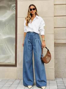 Selenza Petite 女士高腰阔腿宽松休闲百搭牛仔裤 - 藍色 - 查看 3