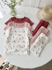 LMoss Kids LMoss 6件套女婴针织花卉荷叶边领休闲T恤和裤子家居服套装 女婴夏季服装 女婴服装套装 女婴服装套装 - 彩色 - 查看 4