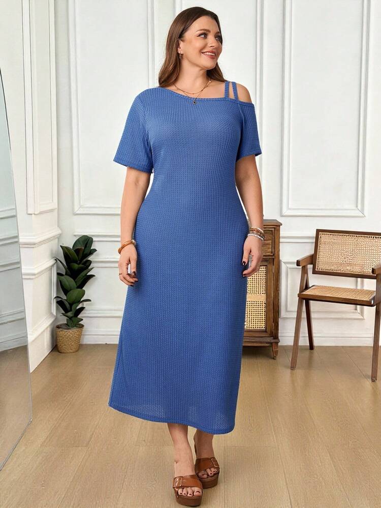 Plus Size Casual Solid Color Asymmetric Collar Dress Women's Summer Dresses Women Off Shoulder Dress Resort Wear Women Summer Outfits For Women Beach Outfit For Women Casual Vacation Outfits Women Country Concert Outfit Peplum
