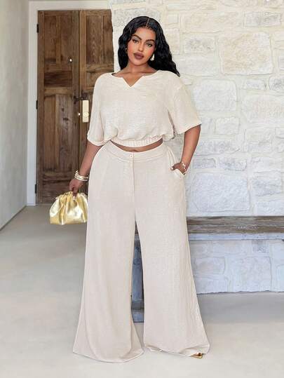 Slaydiva 2026春夏优雅通勤休闲装，生日派对、毕业典礼、学生装、日常出行、百搭基础款、休闲度假、邮轮旅行、海滩、日光浴、爆款、商务休闲、简约休闲、度假出行、外出游玩、纯色加大码时尚女士亚麻搭扣高领上衣和阔腿裤套装，舒适宽松版型