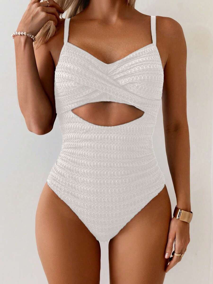 SHEIN Swim Basics Áo tắm liền thân nữ khoét ngực, dây đeo chéo dày, màu trơn tối giản, thích hợp cho mùa hè. - trắng - Xem 1