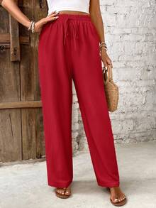 SHEIN PETITE CURVE Plus Size Women Solid Color Drawstring Waist Casual Versatile Daily Wear Pants Fall - Red - View 4