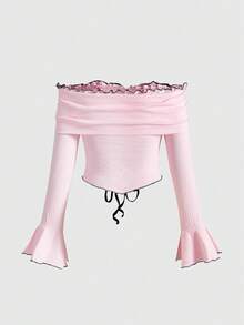 ROMWE Kawaii 可爱甜美粉色露肩系带撞色上衣，加大码粉色女士针织衫，秋冬加大码甜美休闲女式上衣 - 粉色 - 查看 2
