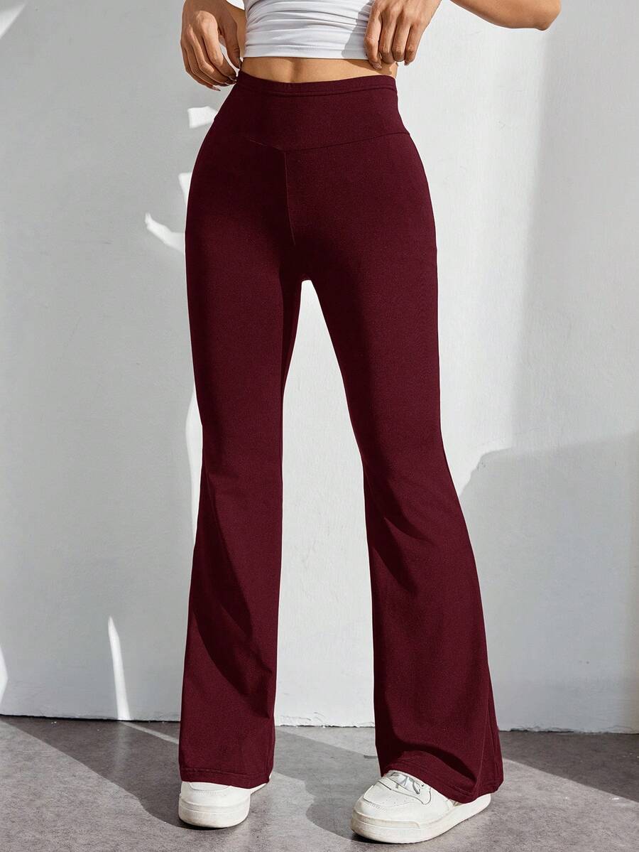SHEIN PETITE Simple Solid Color Wrap High Waist Flared Pants - Burgundy - View 1