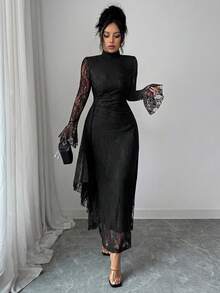 SHEIN Elenzya Đầm nữ màu cà phê mới, chất liệu dệt kim, cổ ren, tay dài, dáng xòe, eo cao, ôm sát, vạt đuôi cá bất đối xứng, kiểu dáng thanh lịch, sang trọng, phù hợp cho tiệc tối hoặc mặc hàng ngày vào mùa thu/đông. - màu đen - Xem 6