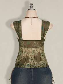 SHEIN ICON 女士夏季休闲度假佩斯利印花钥匙孔领扭结露背吊带背心 - 軍綠色 - 查看 2