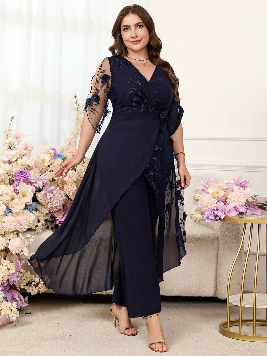 SHEIN Clasi Quần liền thân nữ cỡ lớn cổ chữ V phối lưới, kiểu dáng thường ngày. - Màu xanh hải quân - Xem 1