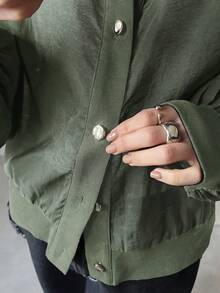 FRIFUL 女士休闲宽松金属纽扣装饰夹克，春夏百搭 - 綠色 - 查看 4