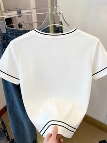 Resyla Camiseta de mujer de manga corta, cuello redondo, estampado de rayas y lazo, de uso versátil y casual - Multicolor - Ver 2