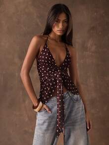 SHEIN BAE 女士浪漫度假性感复古波点褶皱系带V领露背吊带背心，适合假日约会、下午茶、海滩、邮轮、城市度假、婚礼季、音乐节、波西米亚风度假 - 紫紅色 - 查看 4