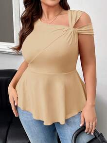SHEIN Privé 大码女式扭结腰部荷叶边下摆T恤，情人节服装 - 杏色 - 查看 5
