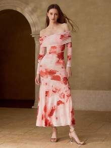 MOTF PREMIUM 女士网纱印花露肩长连衣裙，春夏款 - 彩色 - 查看 4