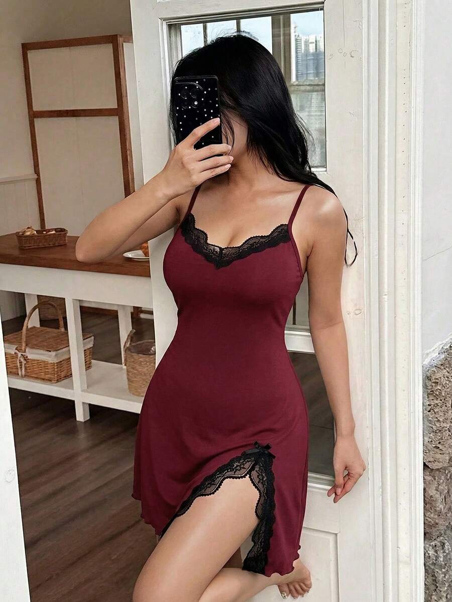 Napfluff Lace Trim Spaghetti Strap Nightgown With Side Slit - Burgundy - View 1