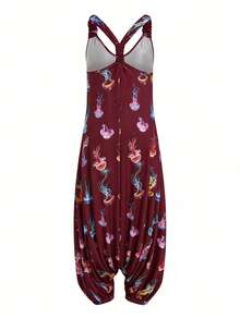 Sweetra Plus Size Women Jellyfish Print Bohemian Loose Jumpsuit - Burgundy - View 2