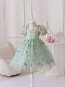 Glamorique Kids 绿色花卉刺绣儿童派对蓬蓬裙，方形领口甜美心形设计，泡泡袖饰以3D立体花卉刺绣，通体紫色花藤网纱刺绣，高腰设计搭配蓬松柔软的薄纱裙摆，散发精致优雅的乡村气息，适合生日派对、花童仪式、日常穿着的精致公主裙，透气网纱面料，梦幻精致的女孩优雅装扮 - 綠色 - 查看 5