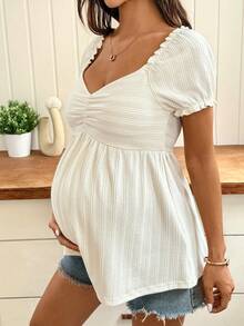 SHEIN 孕妇休闲度假日常通勤甜心领花瓣袖褶皱胸部娃娃衫，夏季 - 杏色 - 查看 4