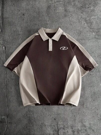 AXEPEAK Áo polo nam tay ngắn họa tiết hình học phối màu tương phản, kiểu dáng thường ngày.