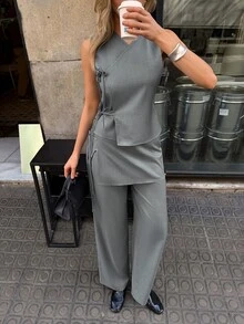 Siren Gaze Women's Sage Green Summer Chic Brunch Two Piece Set,Asymmetrical Wrap Top High Waist Wide Leg Pants,Elegant Business Casual Office Brunch Wear Outfits - Grey - View 6