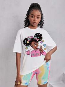 SHEIN Leap Crew Conjunto de 2 piezas de chicas adolescentes con pantalones ajustados de tejido de punto blanco con diseños de retratos y dibujos animados teñidos con técnica de anudado en estilo casual deportivo de ciclismo de calle - Multicolor - Ver 4