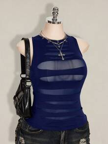 SHEIN ICON Blusa casual versátil de uso diario con parches de malla transparente para mujer de talla grande - Azul Marino - Ver 8