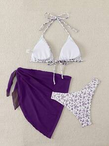 Swim Mod Bộ bikini gợi cảm mùa hè dành cho nữ, họa tiết hoa nhí, kiểu buộc dây cổ, kèm áo khoác ngoài và váy. - Màu tím - Xem 2