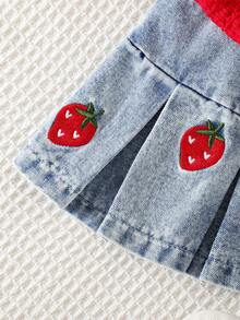 SHEIN 两件套女婴荷叶边无袖纯色上衣+草莓刺绣牛仔裙套装，可爱甜美夏季亲子装 - 彩色 - 查看 5