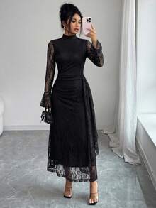 SHEIN Elenzya Đầm nữ màu cà phê mới, chất liệu dệt kim, cổ ren, tay dài, dáng xòe, eo cao, ôm sát, vạt đuôi cá bất đối xứng, kiểu dáng thanh lịch, sang trọng, phù hợp cho tiệc tối hoặc mặc hàng ngày vào mùa thu/đông. - màu đen - Xem 5