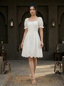 Modelyn Vestido con falda acampanada y bordado elegante para mujer - Blanco - Ver 7