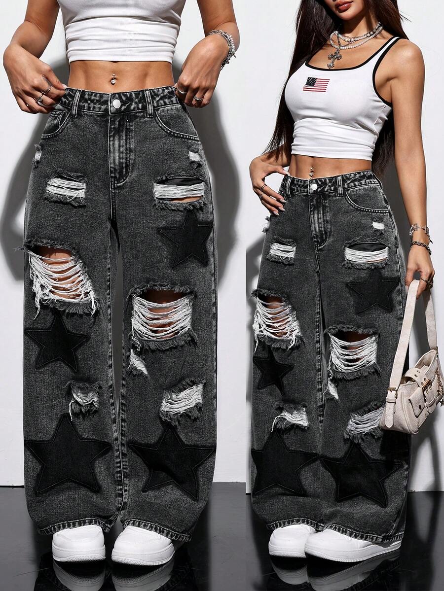SHEIN PETITE Women's Y2K High Waist Distressed Ripped Wide Leg Jeans, Star Patchwork Black Denim Pants Casual Party Summer Outfits Women's Loose Fit Ripped Wide Leg Jeans With Pockets & Star Pattern - Black - View 1