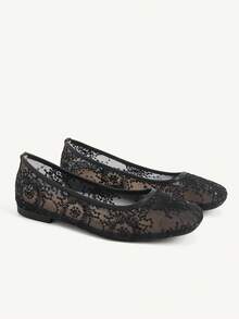 CUCCOO CHICEST Giày ba lê đế bằng, mũi vuông, chất liệu lưới, thoải mái, thanh lịch, thời trang, đa năng, kiểu dáng cổ tích, giày nữ khoét lỗ - màu đen - Xem 1