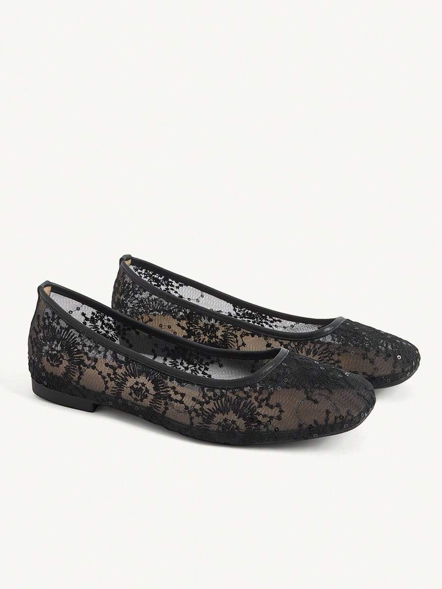 CUCCOO CHICEST Giày ba lê đế bằng, mũi vuông, chất liệu lưới, thoải mái, thanh lịch, thời trang, đa năng, kiểu dáng cổ tích, giày nữ khoét lỗ - màu đen - Xem 1