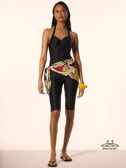 MUSERA Bodysuit quần lửng ôm sát, cổ yếm, ngực khoét sâu, xếp ly, điểm nhấn là khăn choàng in họa tiết, thích hợp cho kỳ nghỉ xuân hè, du lịch, phong cách Ibiza thanh lịch.