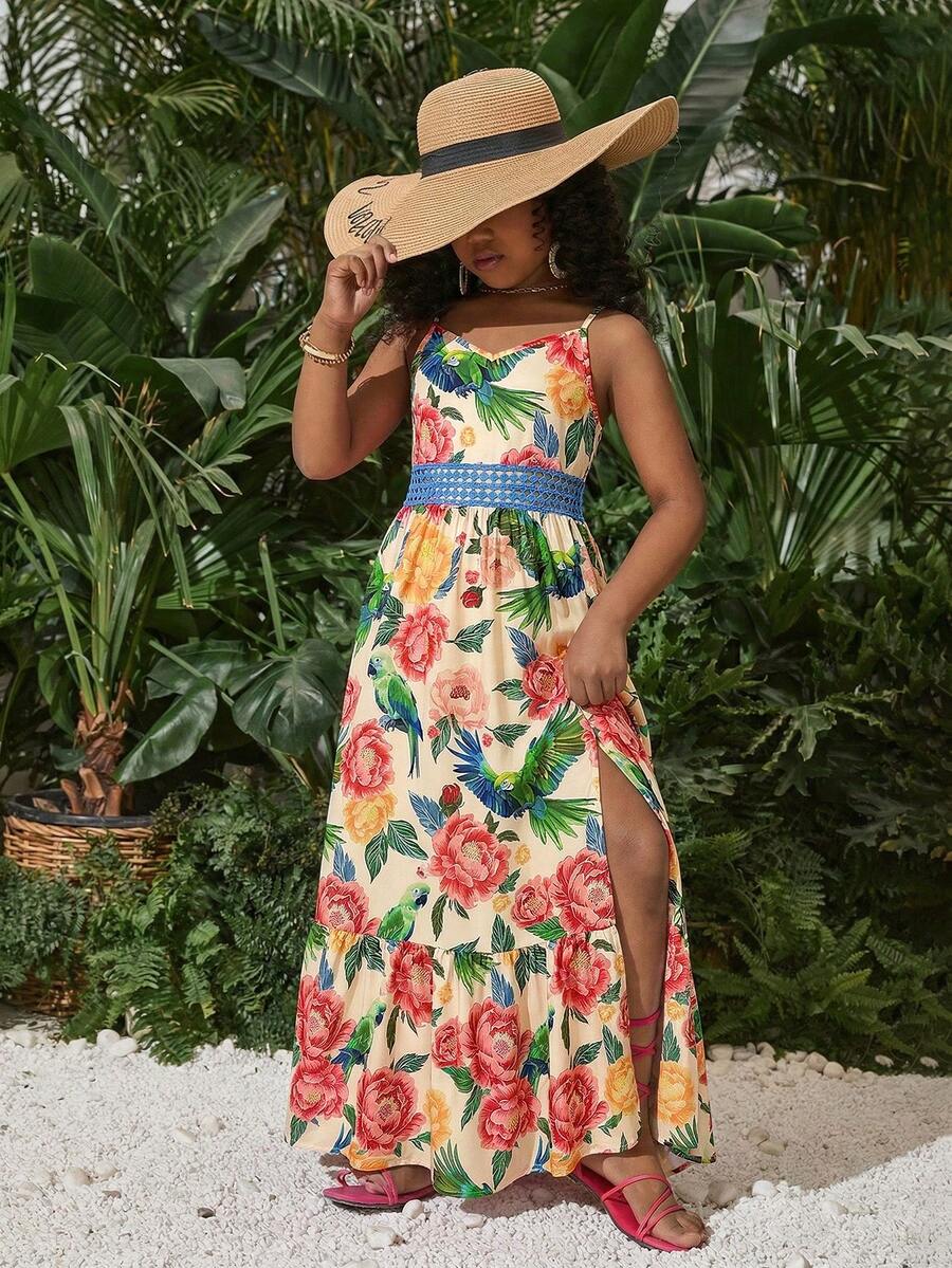 SHEIN Tween Girls' Summer Vacation Casual Tropical Print Camisole Dress, Suitable For Holiday & Beach - Apricot - View 1