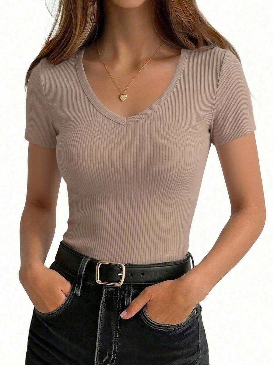 EMERY ROSE Women's Solid Color Short Sleeve Ribbed Casual T-Shirt - Apricot - View 1