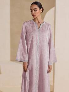 Graceveil Jacquard Fabric V-Neck Silver Ribbon Decor Loose Long Sleeve Elegant Luxurious Dress - Mauve Purple - View 4