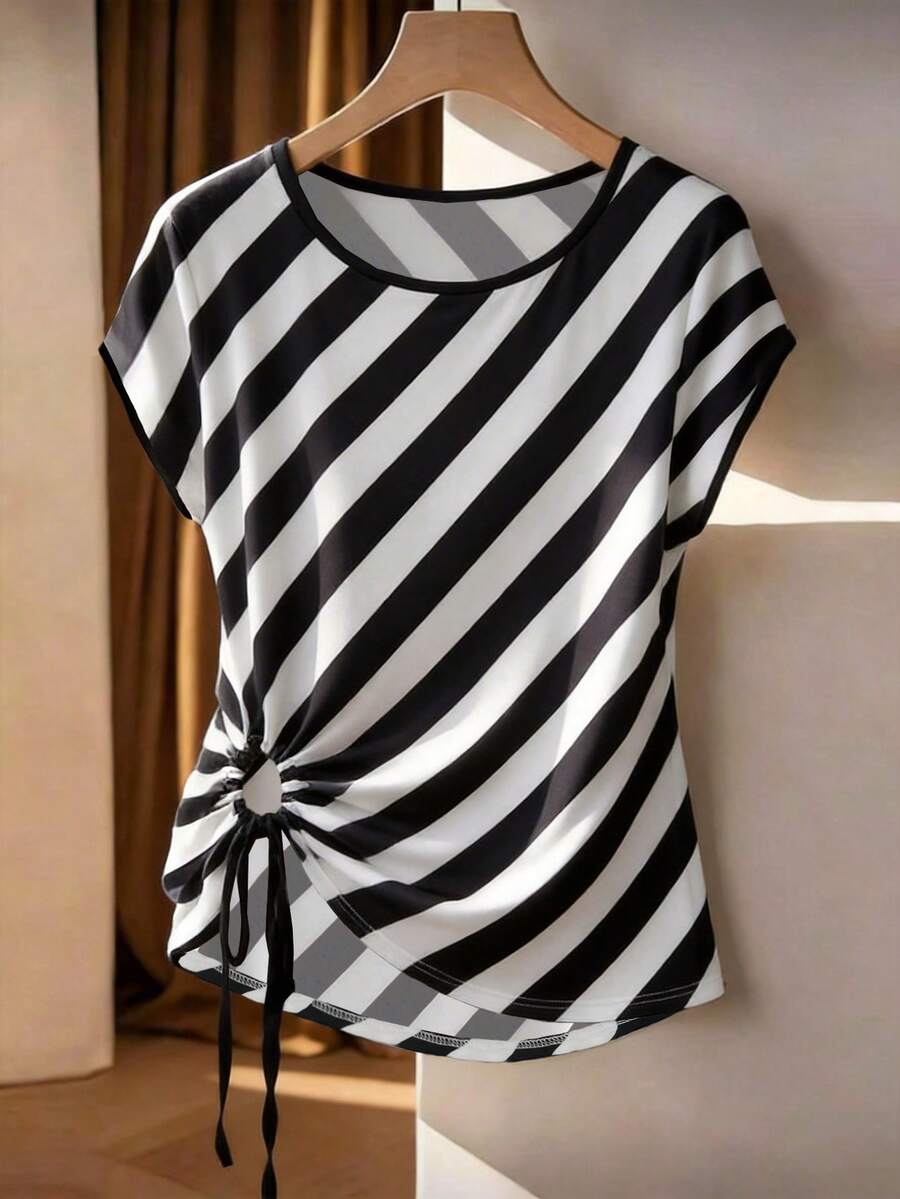 GlowEve CURVE Plus Size Women Elegant Black And White Striped Ruched Hollow Blouse, Summer Smart Casual Everyday Commuter Top For Daily Work Vacation City - Black and White - View 1