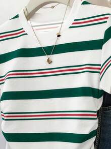 Nuevas blusas de verano para mujer, diseño con estampado, estampado multicolor a rayas, ajustadas con cintura fruncida, camiseta de mujer - Multicolor 3 - Ver 4