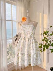 Comfortcana Đầm hai dây dáng rộng, thanh lịch, in hoa, viền bèo nhún, thích hợp cho mùa hè. - Nhiều màu - Xem 3