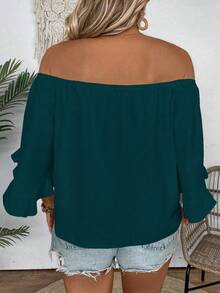 EMERY ROSE Plus Size Women Solid Color Off Shoulder Tie-Waist Casual Shirt - Lime Green - View 2
