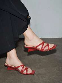 女士红色方头交叉绑带高跟凉鞋，休闲露跟穆勒凉鞋 - 紅色 - 查看 2