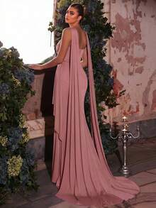Glamrae Elegant Rhinestone Beaded Sexy Halter Elastic Ruched Halter Dress, Suitable For Wedding, Party, Prom, Banquet - Dusty Pink - View 2